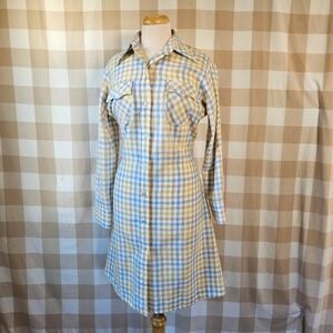 Vtg 70s LEVIS Plaid Yellow Blue Button Front Belted Shirt Dress Midi 13/14 M/L